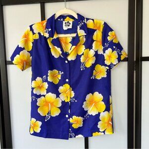 Vintage Hilo Hattie Sheer Royal Blue & Yellow Floral Hawaiian Print Shirt